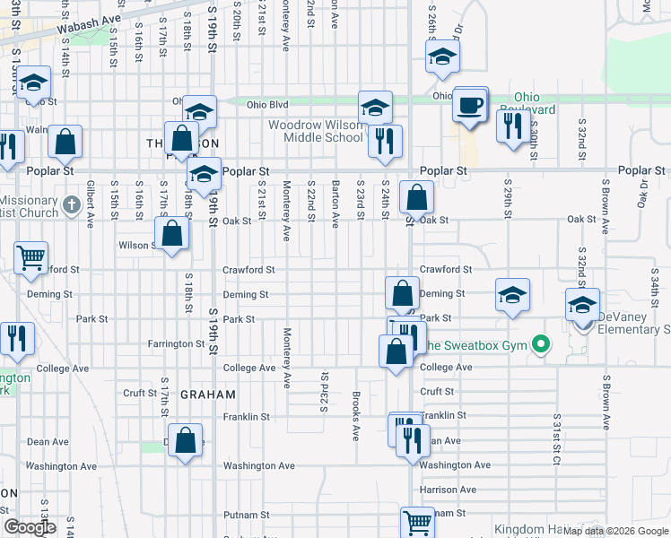 map of restaurants, bars, coffee shops, grocery stores, and more near 699 Barton Avenue in Terre Haute