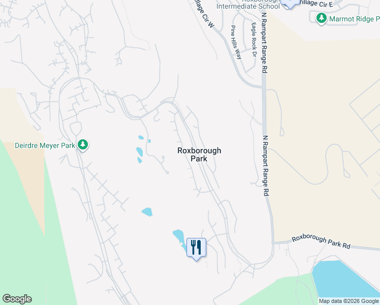 map of restaurants, bars, coffee shops, grocery stores, and more near 6666 Big Horn Trail in Littleton