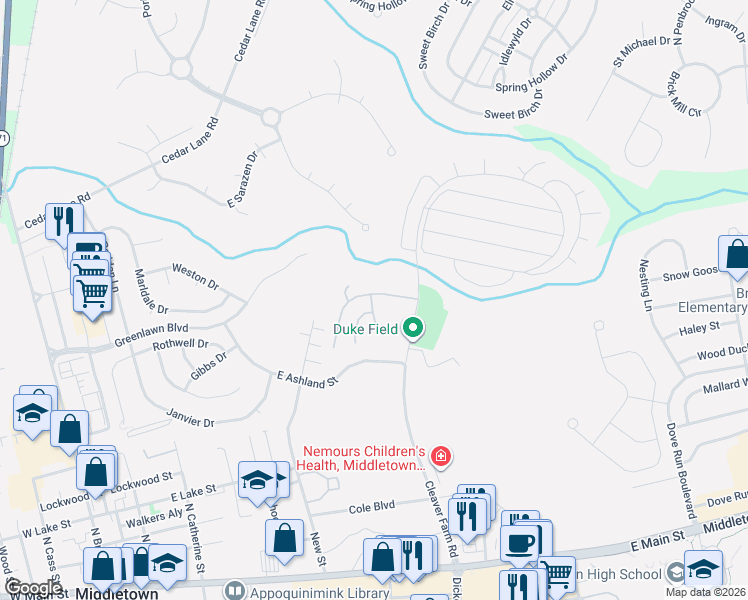 map of restaurants, bars, coffee shops, grocery stores, and more near 18 West Reybold Drive in Middletown