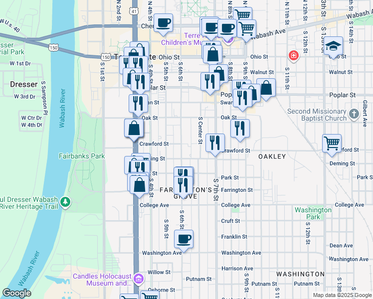 map of restaurants, bars, coffee shops, grocery stores, and more near 722 South 6th Street in Terre Haute