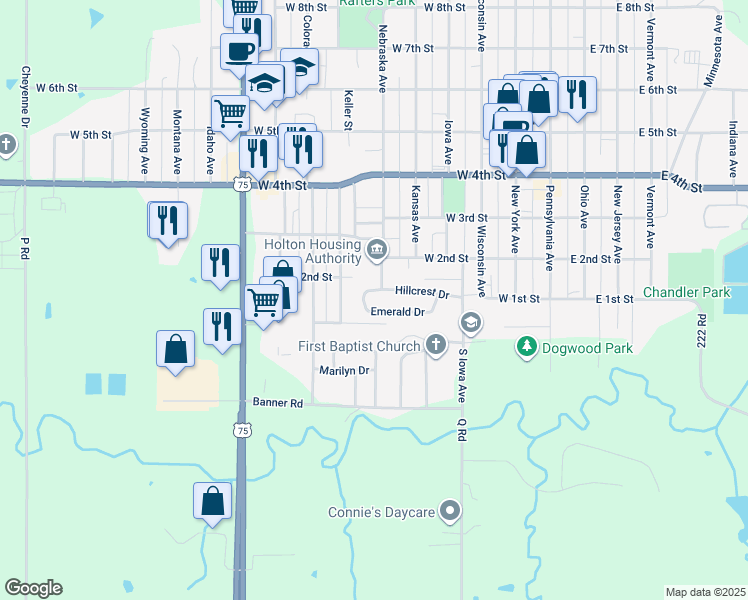 map of restaurants, bars, coffee shops, grocery stores, and more near 417 Emerald Drive in Holton