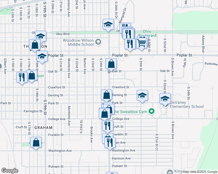 map of restaurants, bars, coffee shops, grocery stores, and more near 699 South 25th Street in Terre Haute