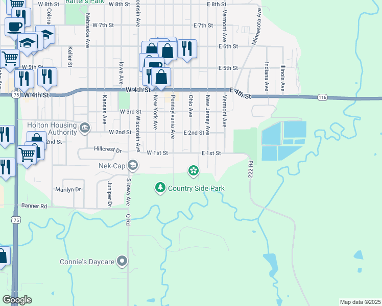 map of restaurants, bars, coffee shops, grocery stores, and more near 201 East 1st Street in Holton