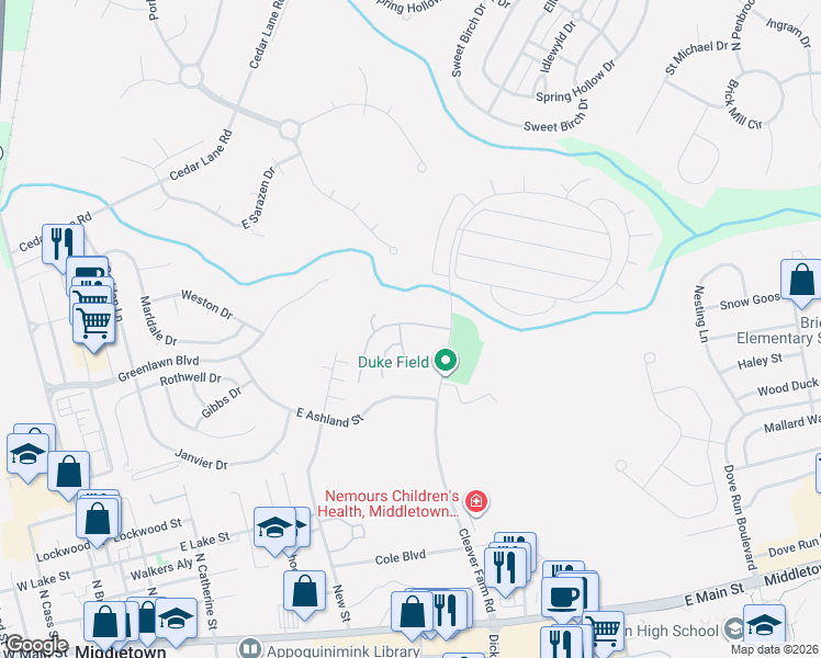 map of restaurants, bars, coffee shops, grocery stores, and more near 18 West Reybold Drive in Middletown