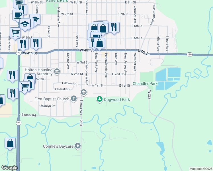 map of restaurants, bars, coffee shops, grocery stores, and more near Pennsylvania Avenue in Holton
