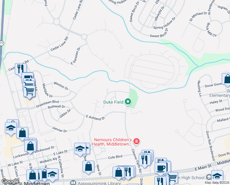map of restaurants, bars, coffee shops, grocery stores, and more near 18 West Reybold Drive in Middletown