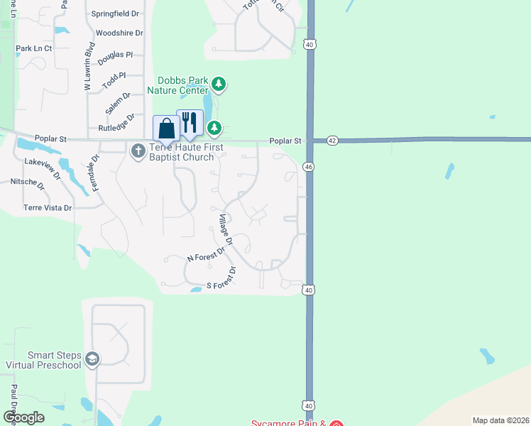 map of restaurants, bars, coffee shops, grocery stores, and more near 631 Frontier Court in Terre Haute