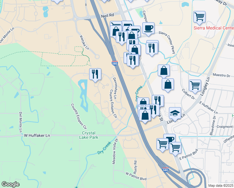 map of restaurants, bars, coffee shops, grocery stores, and more near 7598 Devonshire Lane in Reno