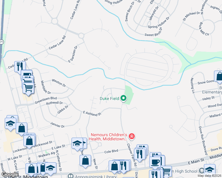 map of restaurants, bars, coffee shops, grocery stores, and more near 18 West Reybold Drive in Middletown