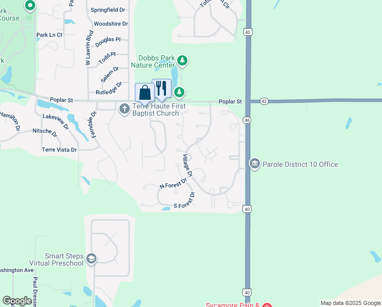 map of restaurants, bars, coffee shops, grocery stores, and more near 642 Buckskin Court in Terre Haute