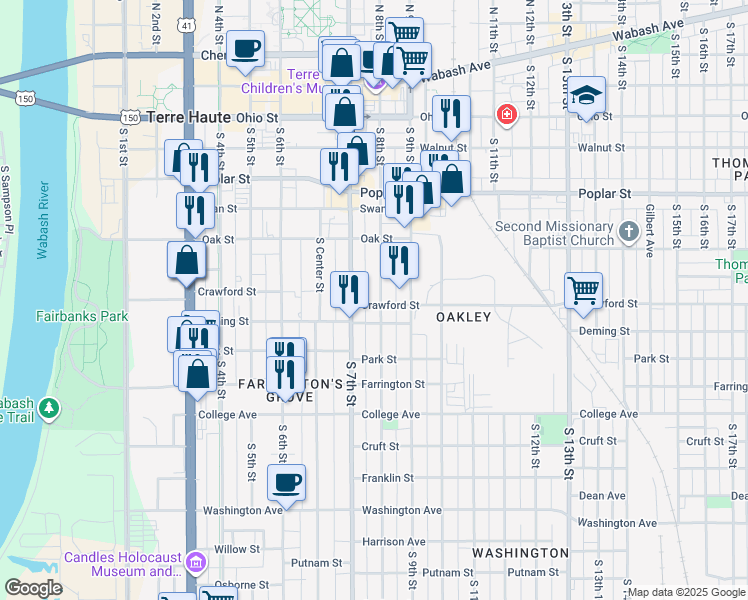 map of restaurants, bars, coffee shops, grocery stores, and more near 708 South 7th Street in Terre Haute