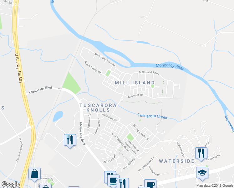 map of restaurants, bars, coffee shops, grocery stores, and more near 2601 Mill Race Road in Frederick