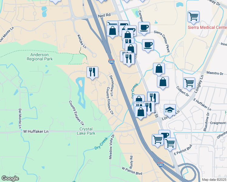 map of restaurants, bars, coffee shops, grocery stores, and more near 7598 Devonshire Lane in Reno