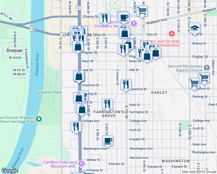 map of restaurants, bars, coffee shops, grocery stores, and more near 700 South 6th Street in Terre Haute
