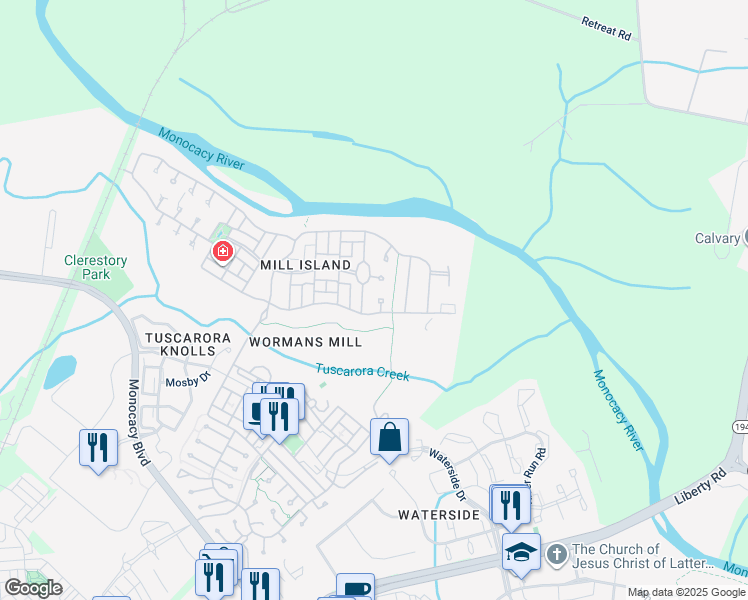 map of restaurants, bars, coffee shops, grocery stores, and more near 2428 Mill Race Road in Frederick