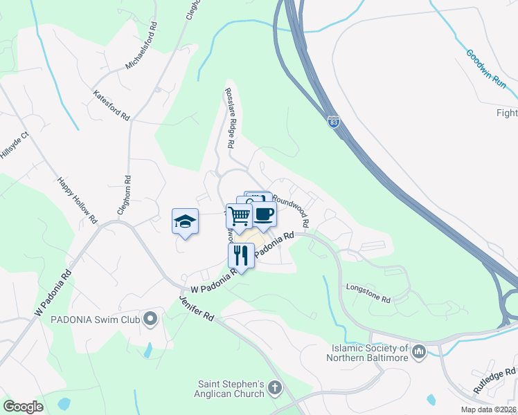 map of restaurants, bars, coffee shops, grocery stores, and more near 12236 Roundwood Road in Mays Chapel