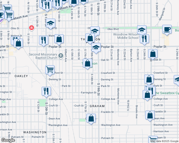 map of restaurants, bars, coffee shops, grocery stores, and more near 1709 Crawford Street in Terre Haute