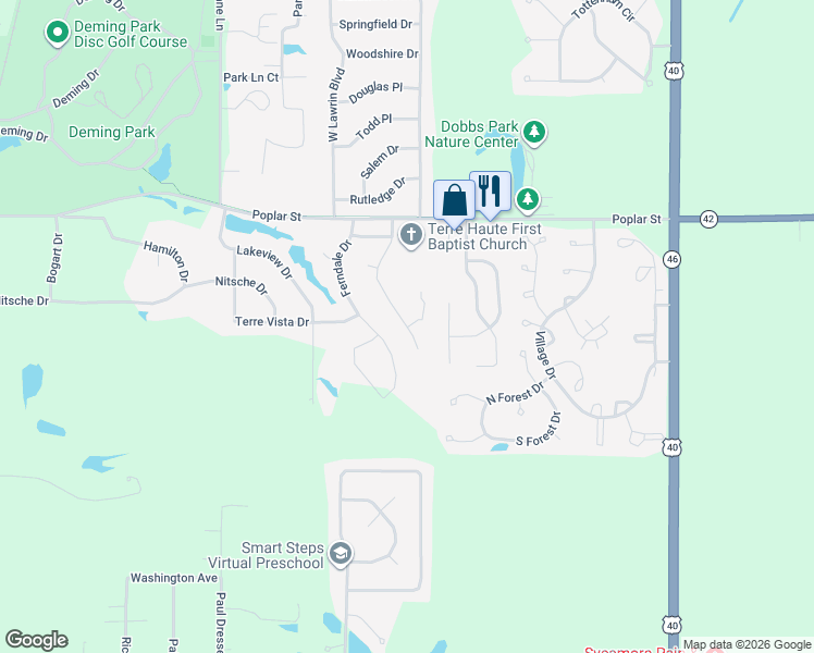 map of restaurants, bars, coffee shops, grocery stores, and more near 99 Mayflower Drive in Terre Haute