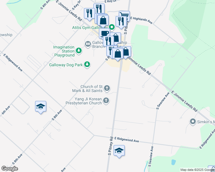 map of restaurants, bars, coffee shops, grocery stores, and more near 429 South Pitney Road in Galloway