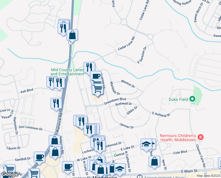 map of restaurants, bars, coffee shops, grocery stores, and more near 342 Marldale Drive in Middletown