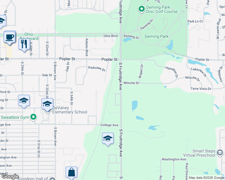 map of restaurants, bars, coffee shops, grocery stores, and more near 1101 South Fruitridge Avenue in Terre Haute