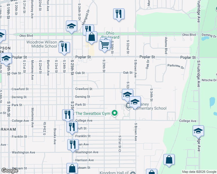 map of restaurants, bars, coffee shops, grocery stores, and more near 2909 Crawford Street in Terre Haute