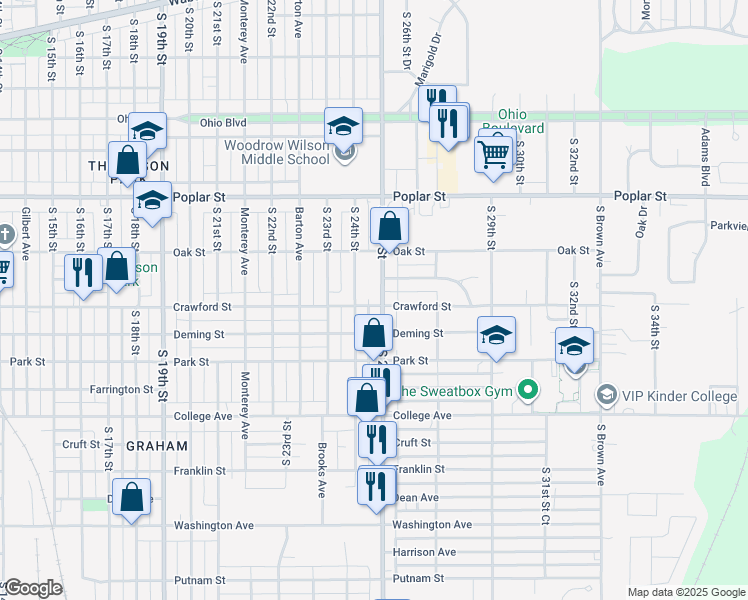 map of restaurants, bars, coffee shops, grocery stores, and more near 699 South 25th Street in Terre Haute