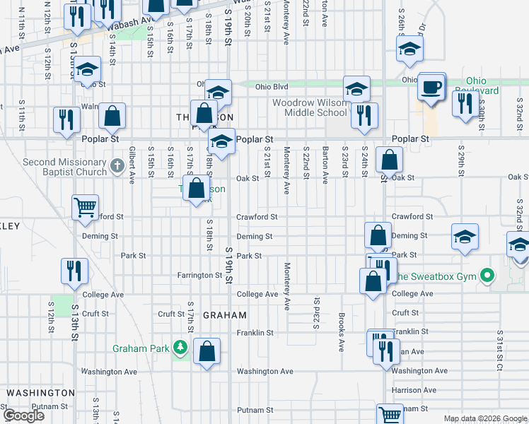 map of restaurants, bars, coffee shops, grocery stores, and more near 2107 Crawford Street in Terre Haute