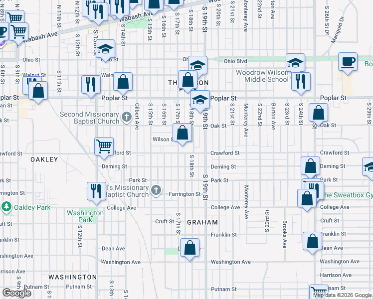 map of restaurants, bars, coffee shops, grocery stores, and more near 1709 Crawford Street in Terre Haute