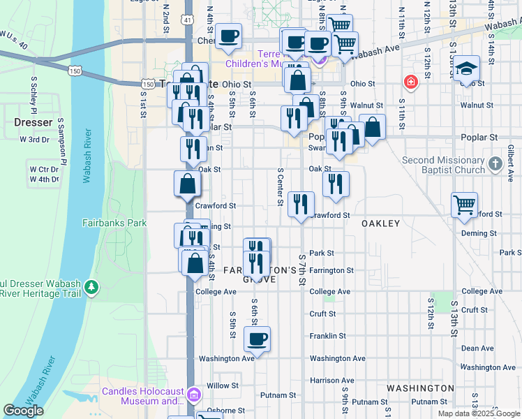 map of restaurants, bars, coffee shops, grocery stores, and more near 722 South 6th Street in Terre Haute
