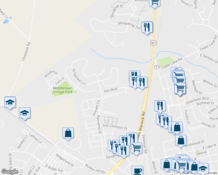 map of restaurants, bars, coffee shops, grocery stores, and more near 360 East Harvest Lane in Middletown
