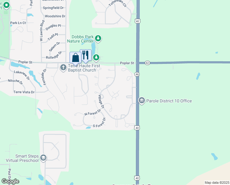 map of restaurants, bars, coffee shops, grocery stores, and more near 619 Frontier Court in Terre Haute