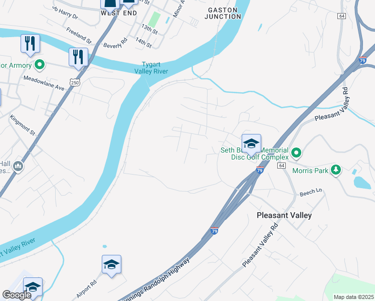 map of restaurants, bars, coffee shops, grocery stores, and more near Swisher St in Pleasant Valley