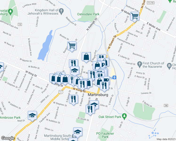 map of restaurants, bars, coffee shops, grocery stores, and more near 206 North Maple Avenue in Martinsburg