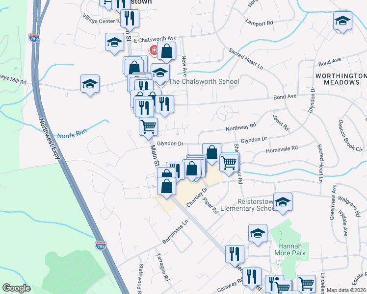 map of restaurants, bars, coffee shops, grocery stores, and more near 401 Chartley Park Road in Reisterstown