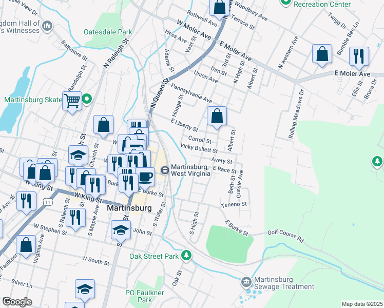 map of restaurants, bars, coffee shops, grocery stores, and more near 209 Avery Street in Martinsburg