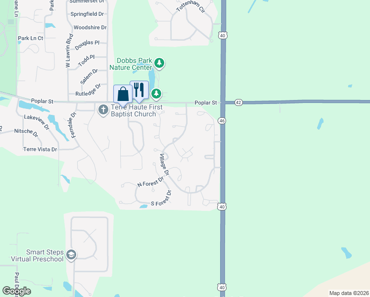 map of restaurants, bars, coffee shops, grocery stores, and more near 619 Frontier Court in Terre Haute