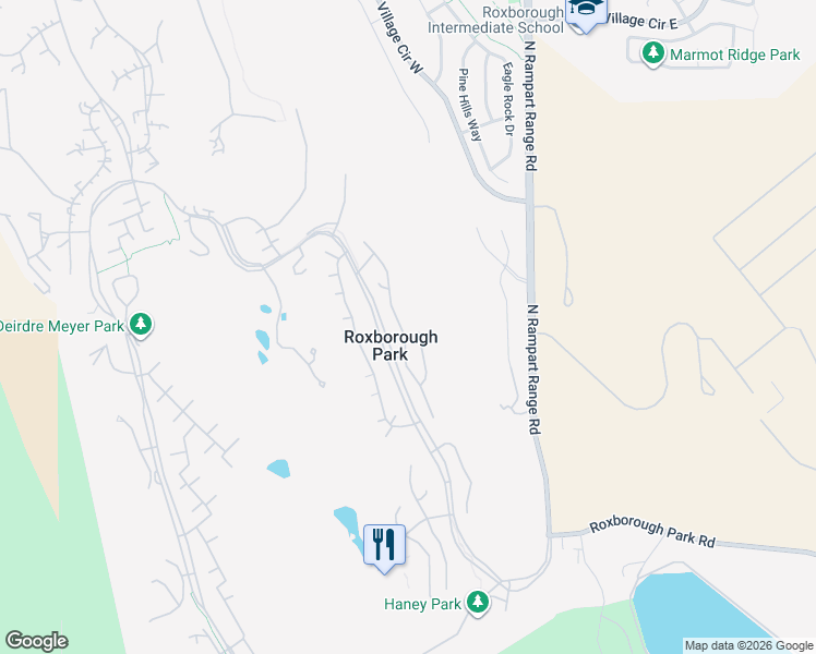 map of restaurants, bars, coffee shops, grocery stores, and more near in Roxborough Park