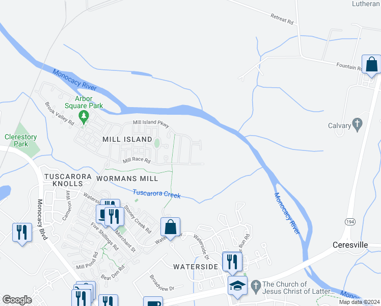map of restaurants, bars, coffee shops, grocery stores, and more near 3005 Mill Island Parkway in Frederick