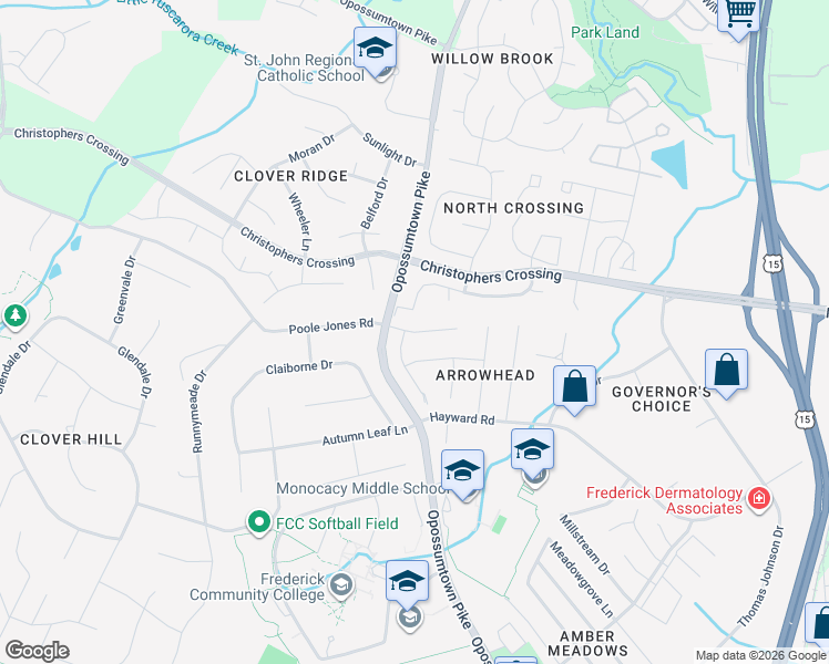 map of restaurants, bars, coffee shops, grocery stores, and more near Rainbow Lane in Frederick