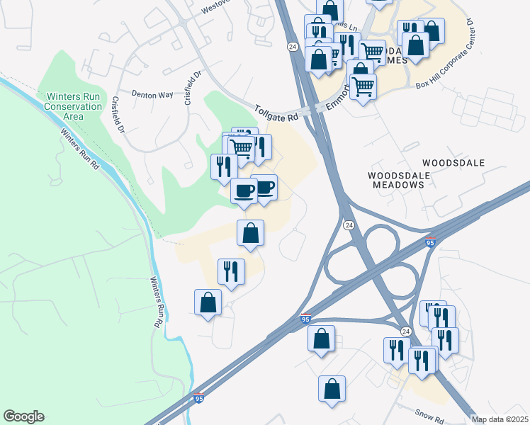 map of restaurants, bars, coffee shops, grocery stores, and more near 403 Constant Friendship Boulevard in Abingdon