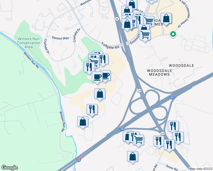 map of restaurants, bars, coffee shops, grocery stores, and more near 403 Constant Friendship Boulevard in Abingdon
