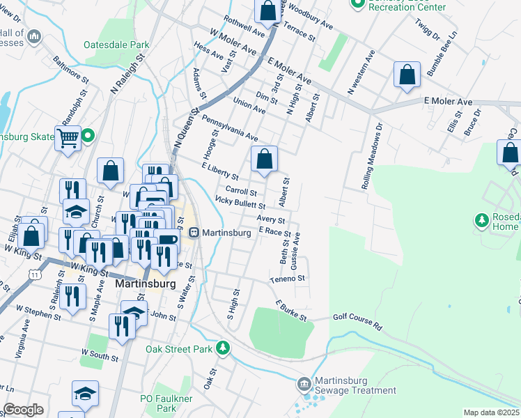 map of restaurants, bars, coffee shops, grocery stores, and more near 328 North High Street in Martinsburg