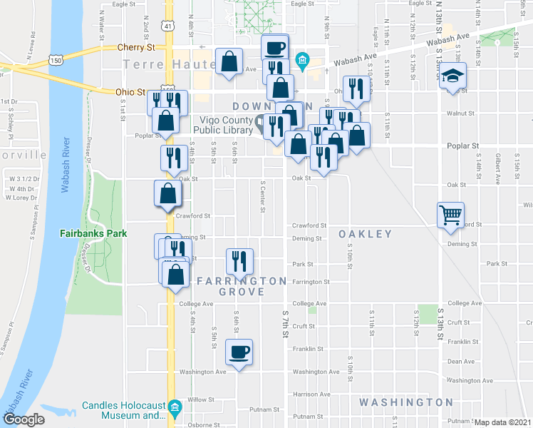 map of restaurants, bars, coffee shops, grocery stores, and more near 628 South Center Street in Terre Haute