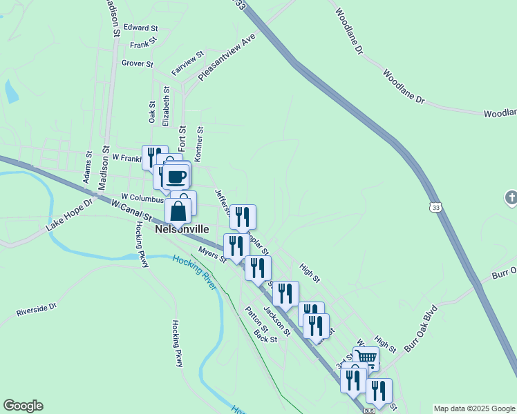 map of restaurants, bars, coffee shops, grocery stores, and more near 339 Church Street in Nelsonville