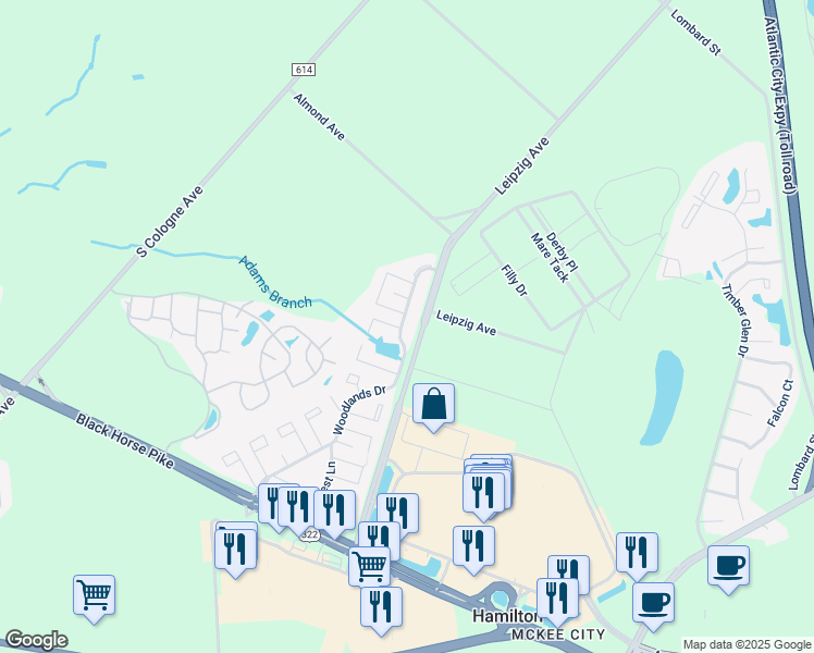 map of restaurants, bars, coffee shops, grocery stores, and more near 3121 Woodlands Drive in Hamilton