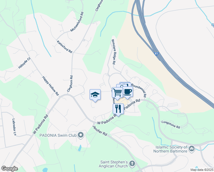 map of restaurants, bars, coffee shops, grocery stores, and more near 621 Dunloy Court in Timonium