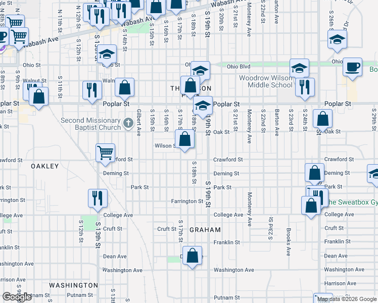 map of restaurants, bars, coffee shops, grocery stores, and more near in Terre Haute