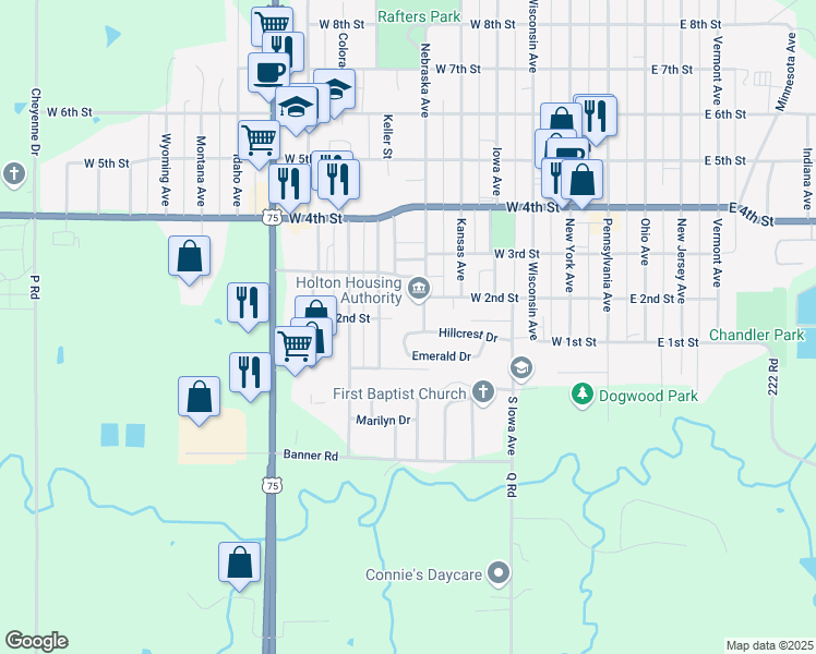 map of restaurants, bars, coffee shops, grocery stores, and more near 106-112 Nebraska Avenue in Holton