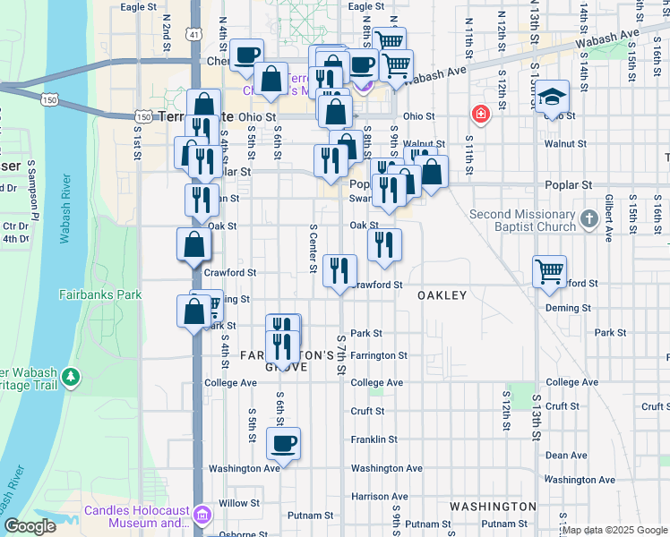 map of restaurants, bars, coffee shops, grocery stores, and more near 627 South 7th Street in Terre Haute